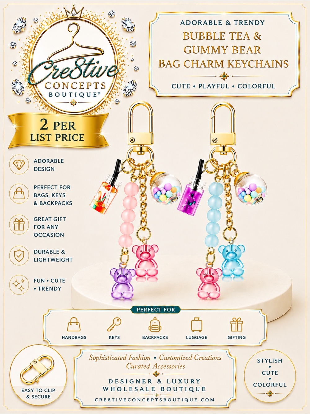 Resin Bubble Tea & Gummy Bear Bag Charm Set (2-Pack)-New